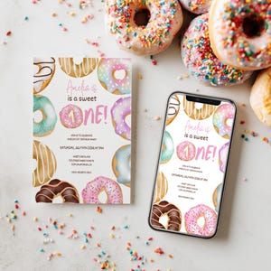 Sweet One Donut 1st Birthday Invitation Girl Boy Editable, Pink Brown + Free Evite ,Printable First Birthday  Kids Children Party Invite