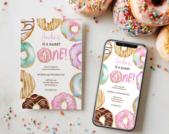 Sweet One Donut 1st Birthday Invitation + Evite ,Printable First bday Kids Children Party Invite