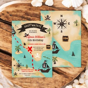 Bewerkbare piratenverjaardagsuitnodiging, Ahoy Mateys, afdrukbare piratenuitnodiging, uitnodiging digitale jongen, kaartillustraties schatzoeken