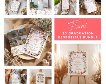 Puede incluir: Un conjunto de 25 decoraciones imprimibles para una fiesta de graduación con temática floral. Los diseños incluyen invitaciones, letreros de bienvenida, tarjetas de agradecimiento y más. Los diseños florales presentan una variedad de flores y vegetación coloridas.