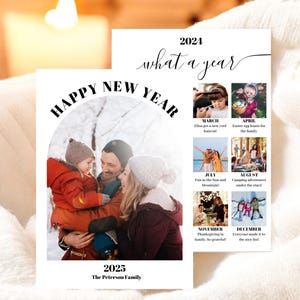 Modern gelukkig nieuwjaar 2025 familiefotokaartsjabloon | Jaaroverzicht Bewerkbaar afdrukbaar | Kaartraster met 13 foto's, wat een jaar