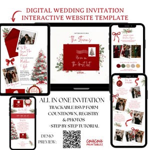 May include: A digital wedding invitation interactive website template featuring a Christmas theme with red envelopes, pine branches, and holiday ornaments. The layout includes sections for photos, RSVP forms, a countdown, and registry details with text.