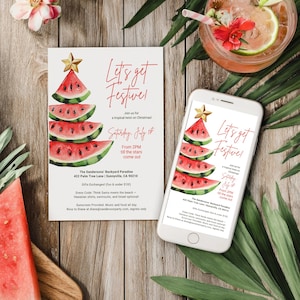 Christmas in July Invitation + Evite: Tropical Summer Watermelon Beach Pool party, Gift Exchange