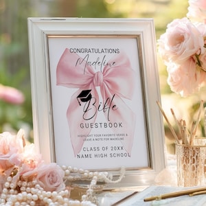 Printable Pink Coquette Graduation Bible Guestbook Sign – Graduation Party Decor, Editable Your Favorite Verse– Instant Download
