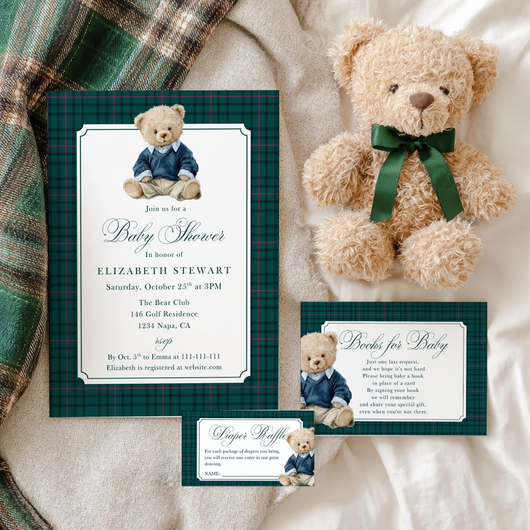 Vintage Polo Teddy Baby Shower Party Invitation Mini Bundle, Preppy ...