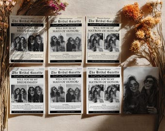 Vintage Newspaper Bridesmaid Proposal Card, Photo Bridal Party Invite (Digital Download)