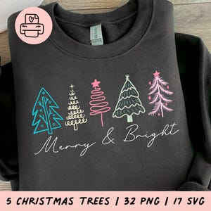 Merry & Bright Christmas Tree Design Collection, 5 trees, Merry And Bright Png, Christmas Tree Png, Merry And Bright Svg, Retro Christmas