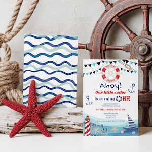 Ahoy Sailor Nautical 1st Birthday Invitation – Printable & Digital, Editable Boy Invitation,Maritime Ocean illustration, Boat and lighthouse