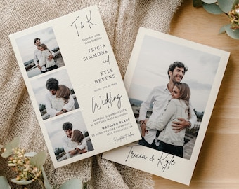 Printable Minimalist Four Photo Wedding Invitation Template Photo Collage  |Digital Download Wedding Template Simple DIY, Editable Colors