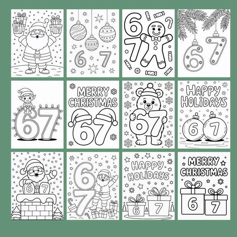 6 7 Christmas Coloring Pages Bundle Printable: Six Seven Viral Meme