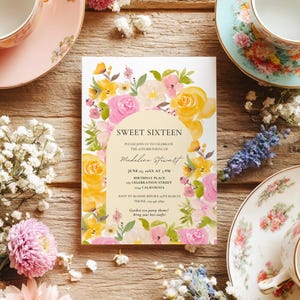 Convite de aniversário de 16 anos com aquarela floral rosa e amarelo para impressão e modelo de convite faça você mesmo, boho para 16 anos, convite de aniversário editável