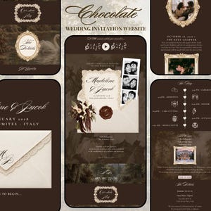 Op de afbeelding: Een digitaal sjabloon voor een trouwuitnodigingswebsite in een donker chocoladebruin kleurenschema. Het ontwerp bevat sierlijke crèmekleurige kaders, een waszegel, een bloemenboeket en een fotostrip. Tekst bevat "Chocolate WEDDING INVITATION WEBSITE" en "Madeline & Jacob".