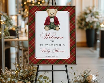 Plaque de bienvenue vintage Polo nounours baby shower, modèle de plaid de Noël preppy old money