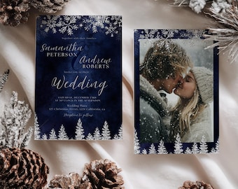 Invitación de boda con tema invernal, copos de nieve y pino en azul marino y plateado, foto de boda navideña, digital editable