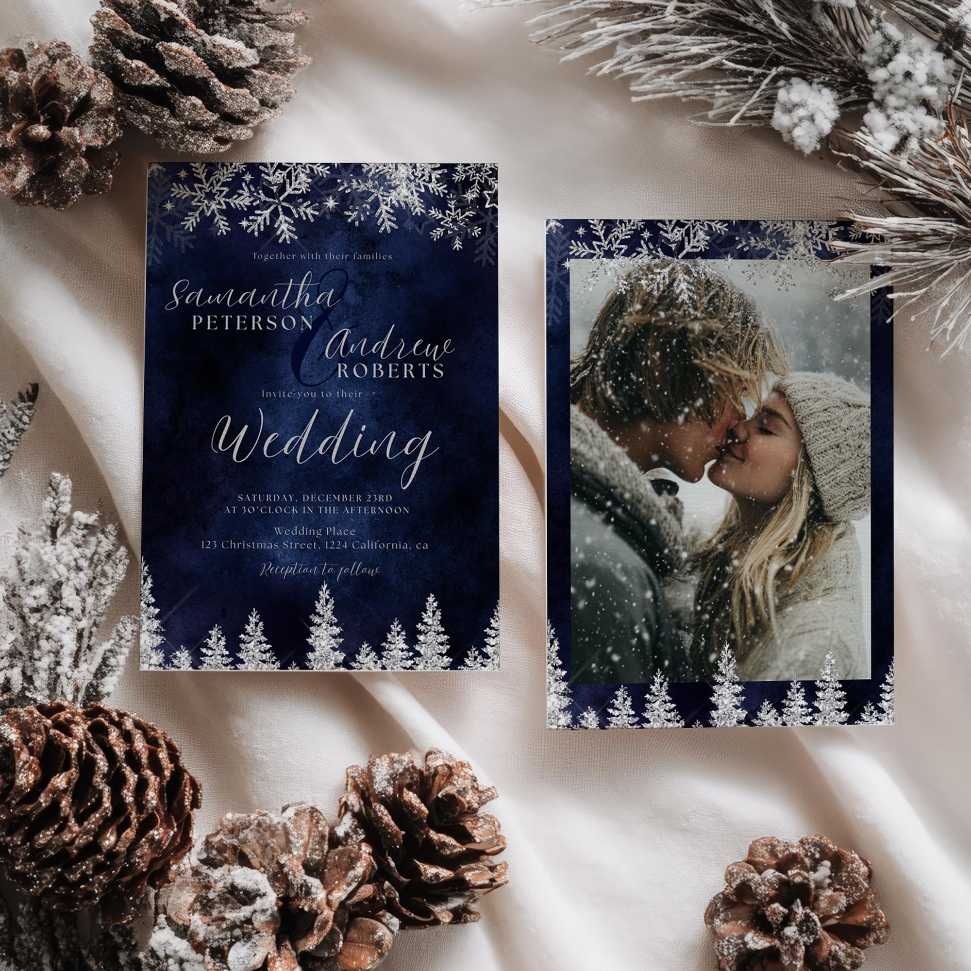 Winter Wonderland Wedding Invitation, Navy Silver Snowflakes & Pine