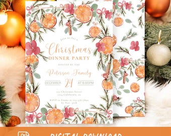 May include: A Christmas dinner party invitation with a white background and a festive design featuring orange slices, pine branches, and red flowers. The text reads "Join us for a Christmas Dinner Party Hosted by the Peterson Family December 24 at 6:00PM 123 Christmas Street 3224 California, CA RSVP to Emma at 123-456-7890 by Nov. 10th".