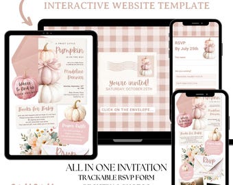 Può includere: Un modello di sito web interattivo per invito digitale a un baby shower con sfondo a quadretti rosa e bianco, illustrazioni di zucche e testo che include A Sweet Little Pumpkin Is On The Way e RSVP.