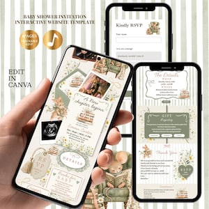 Könnte beinhalten: Eine digitale Babyparty-Einladungsvorlage mit grün-weiß gestreiftem Hintergrund, Aquarellillustrationen von Hasen, Büchern und Wildblumen sowie Texten wie A New Chapter Begins und RSVP.
