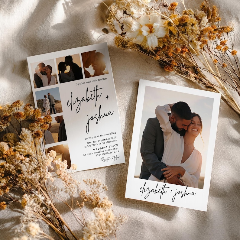 Grid Invitation Modern Simple Black White 7 Photo Grid Wedding Invitation: Polaroid ...