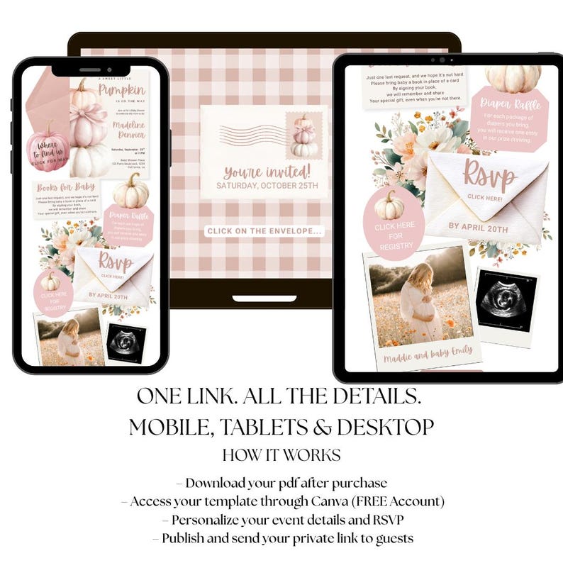 Pu&ograve; includere: Un modello di invito digitale per baby shower visualizzato su smartphone, tablet e desktop. Il design presenta zucche rosa tenue, accenti floreali e una grafica a busta con testo che include "You're invited" e "RSVP".