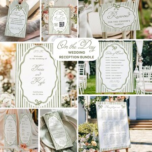 May include: A collection of wedding reception stationery with a green and white striped design. Includes a welcome sign, reserved sign, menu, seating chart, and thank you tags. The stationery features elegant script and decorative bows.