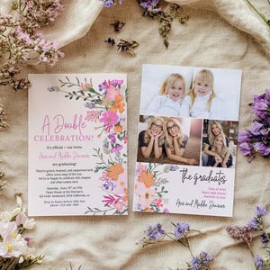 Druckbare Boho Wildflower Twins Graduierung Einladung, doppelte Feier Einladung, Klasse von 2025, 3 Fotos graduiert, gemeinsame Abschluss