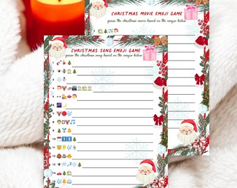 May include: Two Christmas game sheets with Santa Claus illustrations and festive borders. The sheets feature emoji puzzles for Christmas movies and songs, with lines for answers. A red candle is in the background.