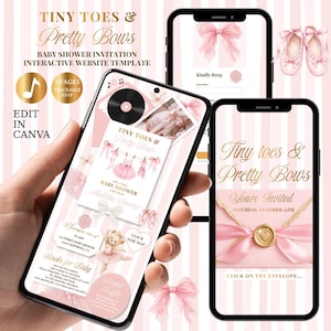 Puede incluir: Tres teléfonos inteligentes muestran una plantilla de sitio web de invitación para baby shower con un fondo de rayas rosas y blancas. Las pantallas presentan texto dorado Tiny Toes & Pretty Bows, ilustraciones de zapatillas de ballet, un tutú y un oso.