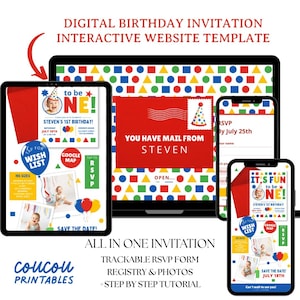 Plantilla de Canva para invitación de primer cumpleaños con temática de colores primarios, seguimiento de RSVP: invitación digital interactiva editable para el primer cumpleaños.
