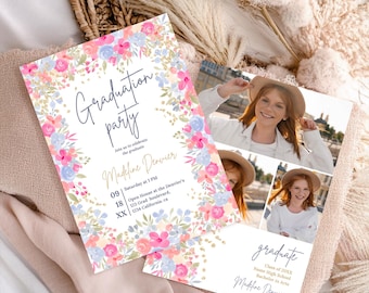 Invito alla festa di laurea con fiori selvatici Boho Garden con 3 foto, modello di annuncio di laurea della classe del 2025 modificabile e floreale grazioso stampabile