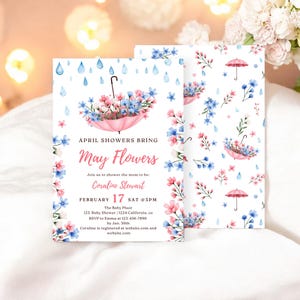 Printable Editable April Showers Baby Shower Invitation – Bring May Flowers Umbrella Baby Shower Invite, Rain drops baby Invitation