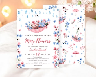 Printable Editable April Baby Shower Invitation: Bring May Flowers Umbrella Invite, Rain drops