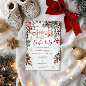 Christmas Santa Baby Shower Invitation & Evite: Editable Pine Holiday Gender Neutral Winter Template