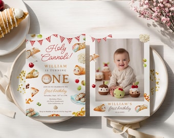 Può includere: Un invito fronte-retro per una festa di primo compleanno. Il lato sinistro presenta il testo "Holy Cannoli!" e "William is turning ONE." Il lato destro ha una foto di un bambino e il testo "William's first birthday." L'invito è decorato con illustrazioni di cannoli e ciliegie.
