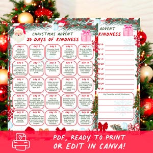 Christmas Advent 25 Days of Kindness Printable | Acts of Kindness Calendar Christmas Advent Calendar,Editable Family Activities December