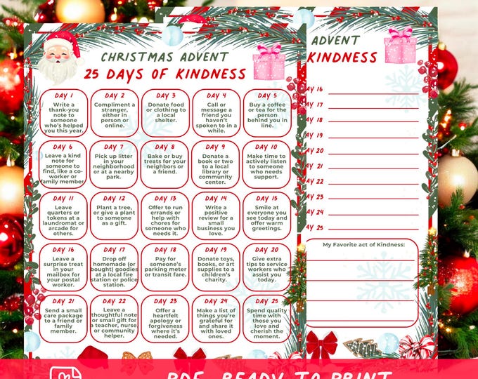 25 Days of Kindness Calendar, Printable Christmas Advent Calendar ...
