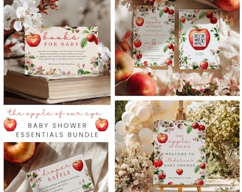 May include: A collection of baby shower essentials featuring an apple theme. Includes invitations, a welcome sign, a diaper raffle card, and a "books for baby" card. The designs incorporate red apples, floral accents, and the phrase "The Apple of Our Eye."