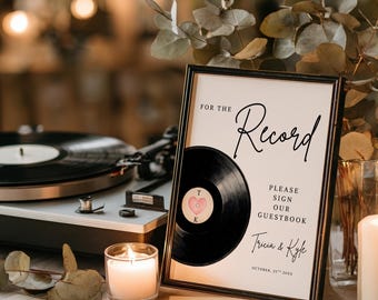 Minimalist Vinyl Wedding Guestbook Sign: For The Record Custom Initials Monogram | 5x7 & 8x10 Template