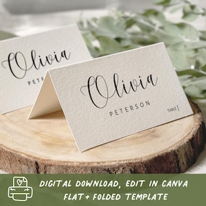 Modelos de cartões de lugar de casamento elegantes e minimalistas, download digital editável personalizado, caligrafia de crachá de jantar elegante e simples, noiva