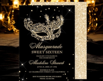 Elegant Gold Glitter Masquerade Sweet 16 Birthday Invitation: Mask Quinceanera, Chic Glam Digital Printable