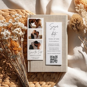 Printable Photo Strip Save The Date Template (4 Sizes), Modern Photo Booth Save the Date with QR Code, Editable Digital Download Diy Wedding