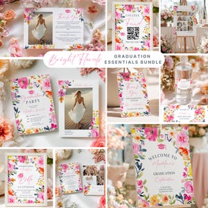 Peut inclure: Ensemble de fournitures de fête de remise de diplôme sur le thème floral. Comprend des invitations, des cartes de remerciement, un livre d'or et une affiche. Les motifs présentent des fleurs à l'aquarelle roses, jaunes et oranges, avec le texte "Bright Florals".