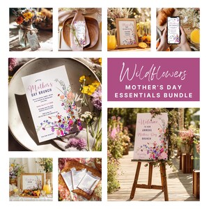 Op de afbeelding: Wildflowers Moederdag Essentials Bundle met printbare uitnodigingen, welkomstbord, menu en tafelkaarten. Het ontwerp heeft een aquarel bloemenpatroon met roze, paarse en gele wilde bloemen.