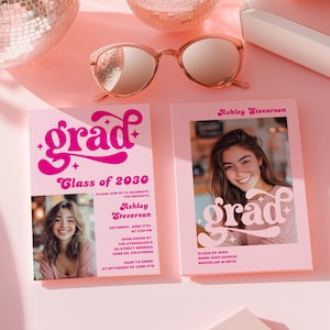 Annuncio di invito alla laurea della classe del 2025 in rosa neon retrò audace con 2 foto, modello modificabile, modello stampabile per festa di laurea