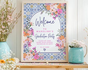 2 Mediterranean Wildflower Graduation Welcome Signs – Blue Tile  Photo Template, Class of 2026, Floral