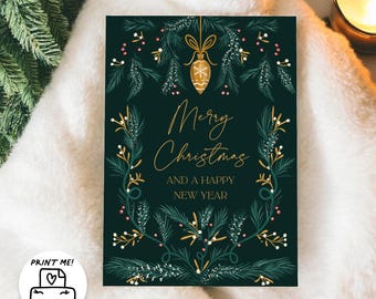 Cartão Elegante de Feliz Natal e Feliz Ano Novo | Saudação de Natal para Imprimir | Download Digital | Ilustração de Pinheiro Nevado Verde Dourado