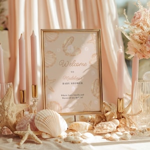 Kleine Perlen Babyparty Willkommensschild: Rosa Muschel, Glitzer-Seestern, Sommer-Strandparty