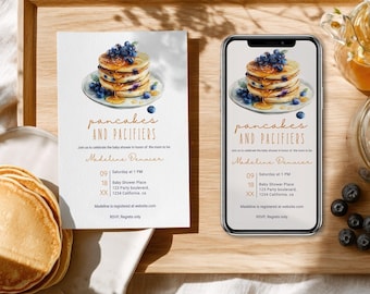 Pancakes & Pacifiers Baby Shower Invitation + Evite: Blueberries Brunch Invite