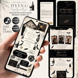 Può includere: Un modello di sito web per inviti a una festa di Halloween digitale visualizzato su tre schermi di smartphone. Il design presenta colori nero e crema con grafiche di ragni, ragnatele, pipistrelli, corvi, teschi e serpenti, incluso il testo We Are Just Dying to Party with You.