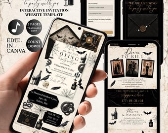 May include: A digital Halloween party invitation website template displayed on three smartphone screens. The design features black and cream colors with graphics of spiders, webs, bats, ravens, skulls, and snakes, including text like We Are Just Dying to Party with You.